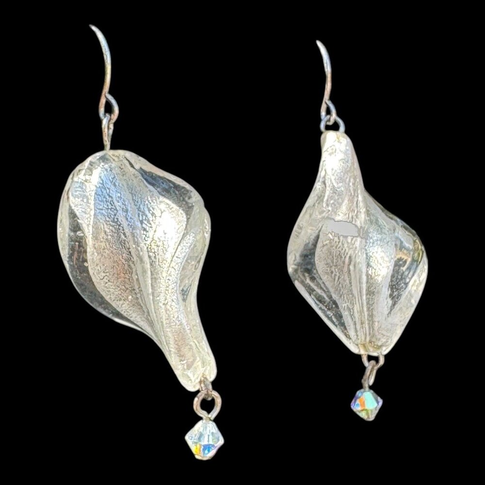 Vintage Murano Crystal Twisted Drop Earrings With Silver Accents & Crystal Bead